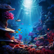Underwater scene with schools of colorful fish and coral formations.