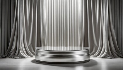 Wall Mural - silver color podium pedestal stage or dias for product display exhibition or photography in a modern and elegant studio settings with drapes and curtains backdrop