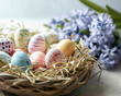 Traditional Easter Arrangement with Colorful Dyed Eggs and Hyacinths