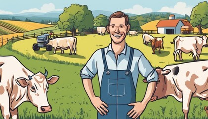 Sticker - A man in a blue overalls stands in a field with cows