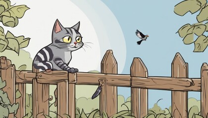 Poster - A cat sitting on a fence looking at a bird