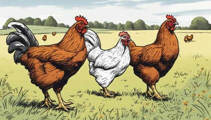 Wall Mural - Three roosters standing in a field