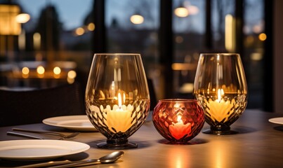 Valentine's day, romantic dinner with two glasses of wine, candles and hearts