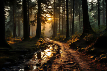 Wall Mural - Beautiful Sunset Sunrise Sun Sunshine In Sunny Spring Coniferous Forest. Sunlight Sunbeams Through Woods In Forest Landscape.