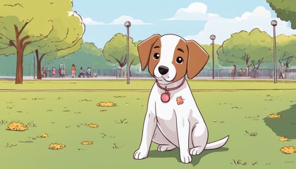 Wall Mural - A brown and white dog sitting in a park