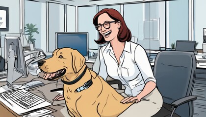 A woman sitting in an office chair with a dog on her lap