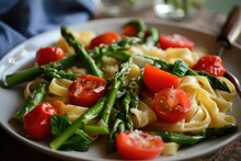 Celebrating Spring's Bounty: Pasta Primavera With Asparagus And Cherry Tomatoes, A Mediterranean Delight Featuring A Colorful Array Of Fresh Vegetables, Linguine, And Artistic Flair On Every Plate