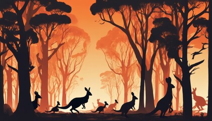 Poster - A group of kangaroos running through a forest