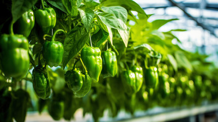 Growing organic green peppers in a greenhouse. Healthy vegetables concept. Generative AI