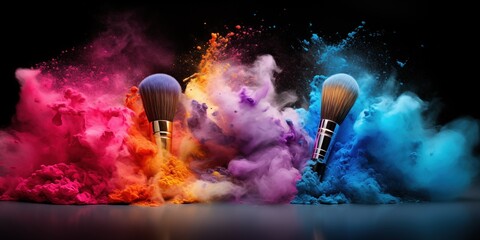 Makeup brushes with explosion of colorful powder on black background. Creative cosmetics and beauty.