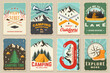 Set of camping retro posters. Outdoor adventure vector badge design. Vintage typography design with knives, camping flashlight, bear in canoe, matches stick, burning lighter, hiker, climbing ice-axe