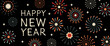 Happy New Year - Schriftzug in englischer Sprache. - Frohes neues Jahr. Grußkarte mit abstraktem Feuerwerk.