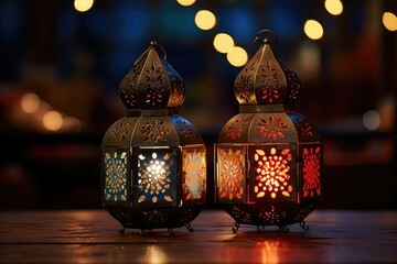 Wall Mural - Decorative Arabic lantern with a burning candle