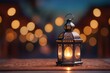 Ornamental Arabic lantern with burning candle glowing at night.