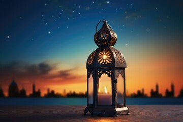 Wall Mural - Ornamental Arabic lantern with burning candle glowing at night.