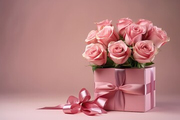 Poster - A beautiful bouquet of roses in a gift box with a satin bow