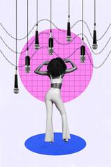 Poster - Creative vertical collage poster 90s stylish charming retro girl dancing hall microphones performance clubbing white background