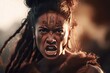 Maori woman with angry face. Screaming furious woman with facial tattoos. Generate ai