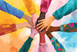 colorful hands together, symbol of diverse unity and collaboration