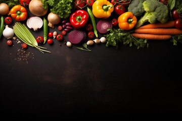Wall Mural - Various kitchen ingredients vegetables on dark background, health eating concept, food flat lay, for website, banners and marketing materials and copy space