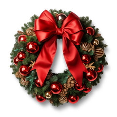 christmas wreath with a red ribbon bow isolated on transparent or white background, png