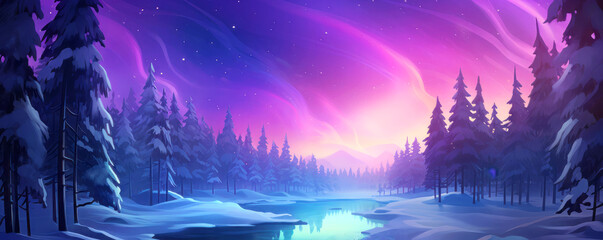 Winter night landscape with lake in deep forest and aurora on sky. Postproducted generative AI illustration.