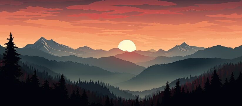 Mountain and forest silhouette against sunset.