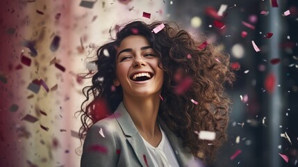 Wall Mural - people, holidays, emotion and glamour concept - happy young woman or teen girl in fancy dress with sequins and confetti at party