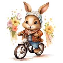 Watercolor Cute Rabbit Or Hare In Scarf With Flowers Is Riding