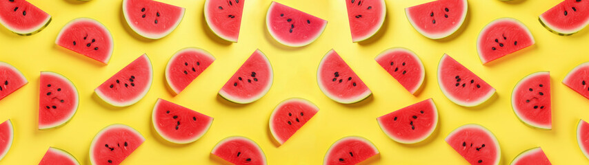 Wall Mural - Closeup of fresh fruits, red watermelons isolated on yellow background banner texture