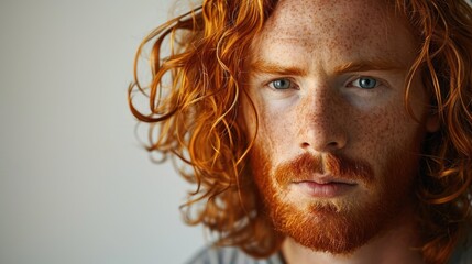 Wall Mural - handsome red haired groomed man with long hair on light background, copy space