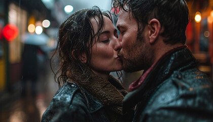 Tender kisses. Young couple, man and woman hugging, kissing under the rain over blue background in neon light. Concept of human emotions and feelings, love, passion, tenderness