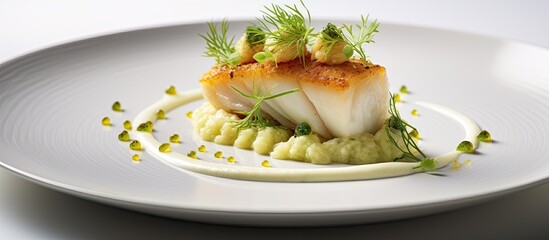 Nordic-designed plate with skrei cod filet, mashed potato cream, coriander lime relish, and empty space.