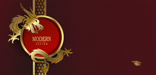 Wall Mural - 2024 Chinese New Year design with round frame and golden dragon.