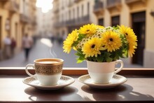 A Coffee Cup And Flowers On A Table Beside A Balcony At Sunrise