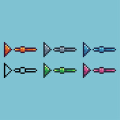 Fototapete - Pixel art sets of play button icon with variation color item asset. play button icon on pixelated style. 8bits perfect for game asset or design asset element for your game design asset