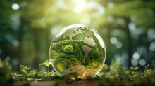 A Transparent Glass Ball In A Green Forest In Which The Green Planet Earth Is Reflected