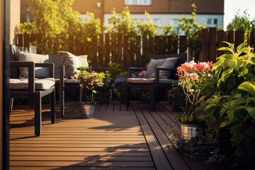Poster - A vibrant and lively patio adorned with an abundance of colorful flowers. Perfect for adding a touch of nature and beauty to any space