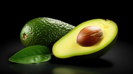 Poster - A visually appealing image of an avocado cut in half, with its leaves intact, set against a black background. Perfect for food-related projects and healthy eating concepts