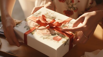 Poster - A woman is holding a white gift box with a red ribbon. Perfect for gifting and special occasions