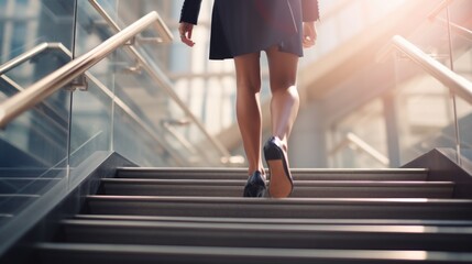 Poster - A woman is pictured walking up a flight of stairs. This image can be used to symbolize progress, determination, and overcoming challenges