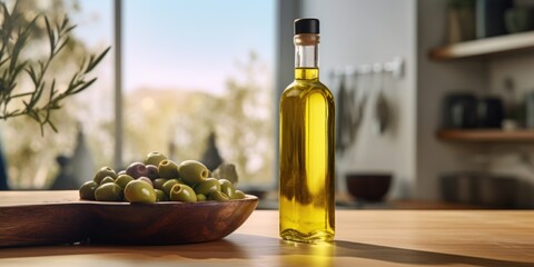 Poster - A bottle of olive oil is placed next to a bowl of olives. This image can be used to depict Mediterranean cuisine or to showcase healthy cooking options