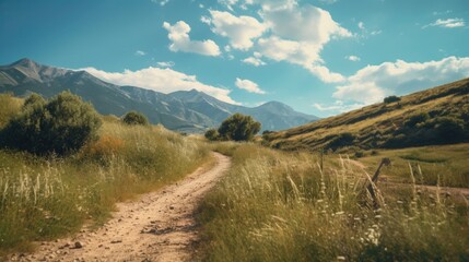 Poster - A scenic view of a dirt road winding through a grassy field with majestic mountains in the background. Perfect for outdoor and nature-themed projects