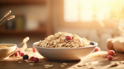 Poster - A simple bowl of oatmeal placed on a rustic wooden table. Ideal for food and breakfast related content