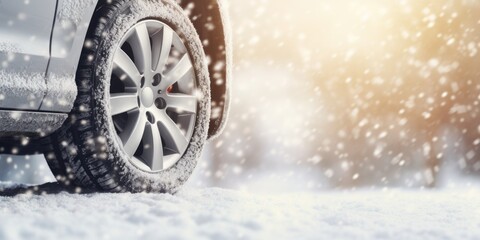 Canvas Print - A detailed view of a car tire covered in snow. Suitable for winter-themed projects and automotive-related content