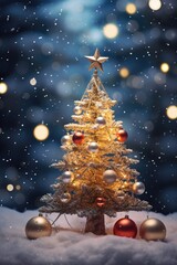 Poster - A picturesque Christmas tree adorned with ornaments stands gracefully in the snow. Perfect for holiday-themed designs and festive decorations