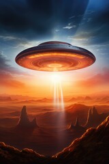 Poster - An alien flying saucer hovers above a vast desert landscape. This image can be used to depict extraterrestrial encounters or futuristic science fiction scenarios