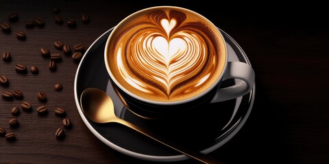 Poster - A simple image of a cup of coffee placed on a saucer with a spoon. Suitable for various uses