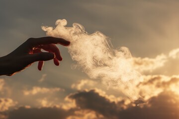 Poster - A person's hand holding a cloud in the sky. This image can be used to represent imagination, creativity, or dreaming.
