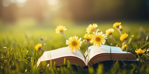 Poster - An open book sitting on top of a lush green field. Perfect for educational or nature-themed designs
